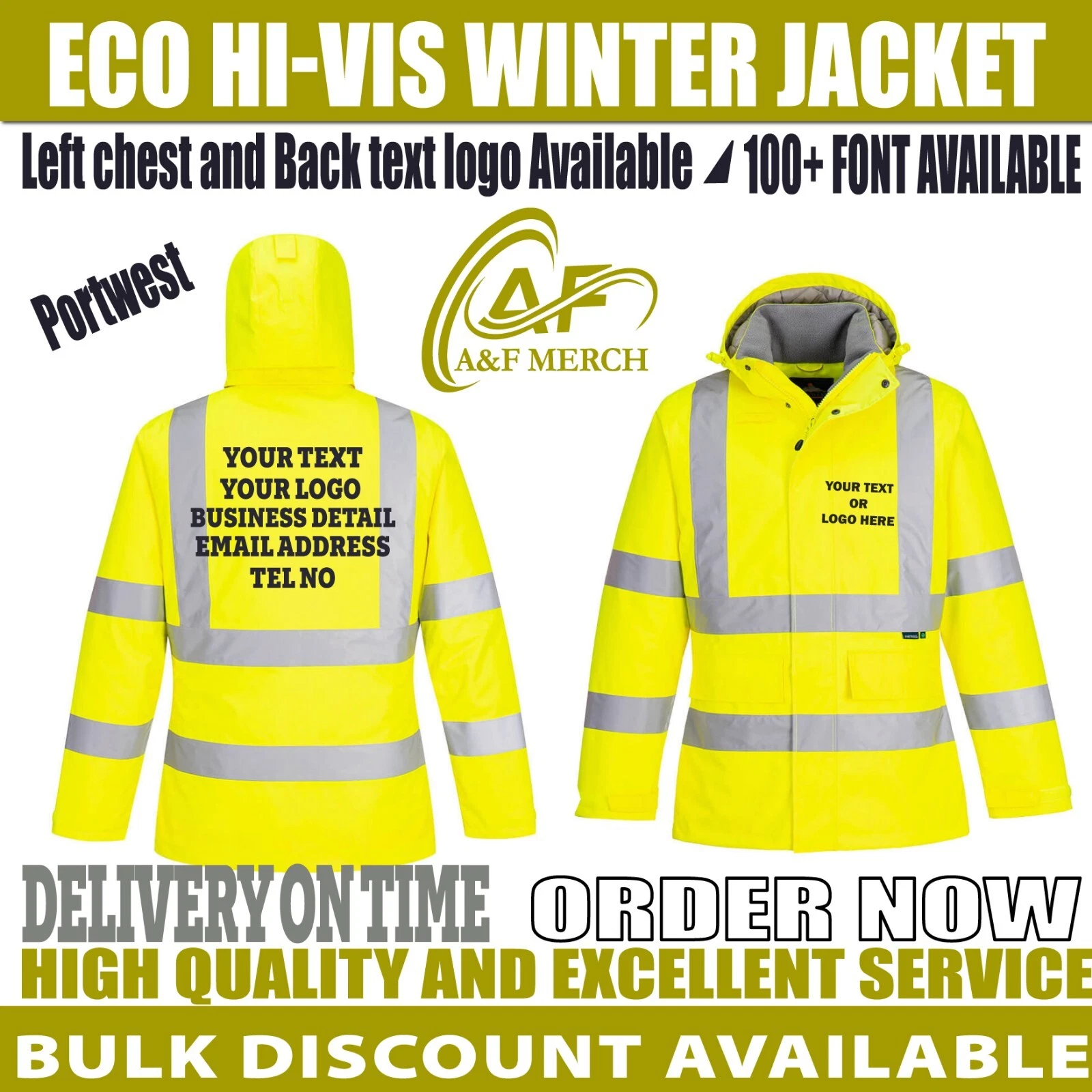 PERSONALISED PRINTED PORTWEST ECO HI Vis Winter Jacket Workwear Reflective