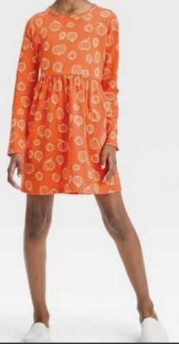 Girls Orange Pumpkin Halloween Themed Long Sleeve T-Shirt Dress Medium (8) NWT - Picture 4 of 17