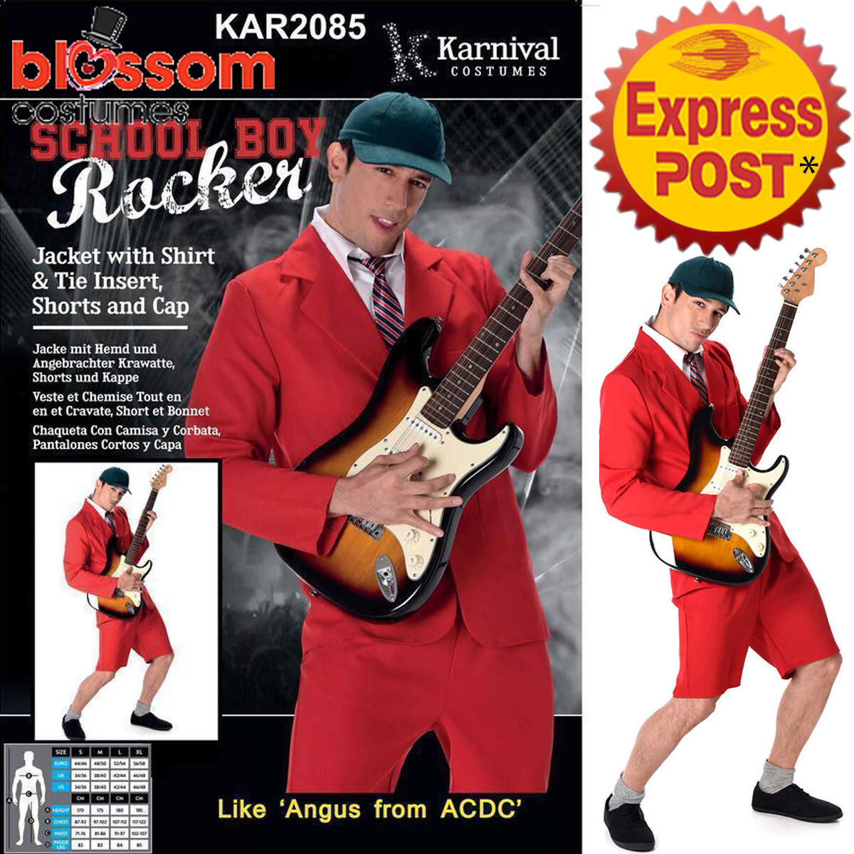 CA254 School Boy Rocker Angus AC DC Mens 80s Punk Rock Star Fancy Dress  Costume