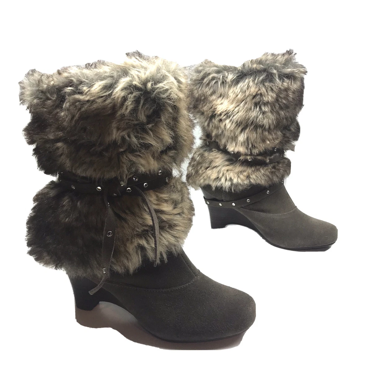 Naughty Monkey D Lux Fold over Faux Fur Wedge Boots Leather Women s Size 6.5