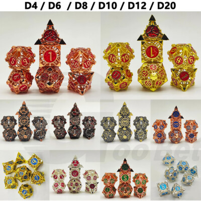 7 Stück Metall Poly Würfel Set spitz D4 D6 D8 D10 D12 D20 RPG DND MTG DSA Partyspiel