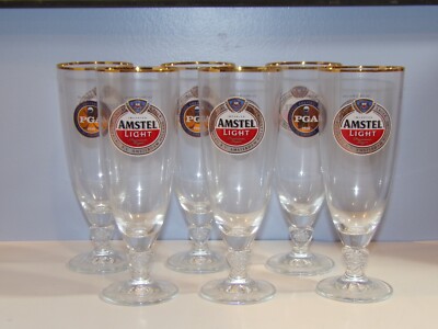 Amstel Light ~ Official Beer of the PGA (6)~ 8'' Stemmed Gold Trim Beer Glasses 