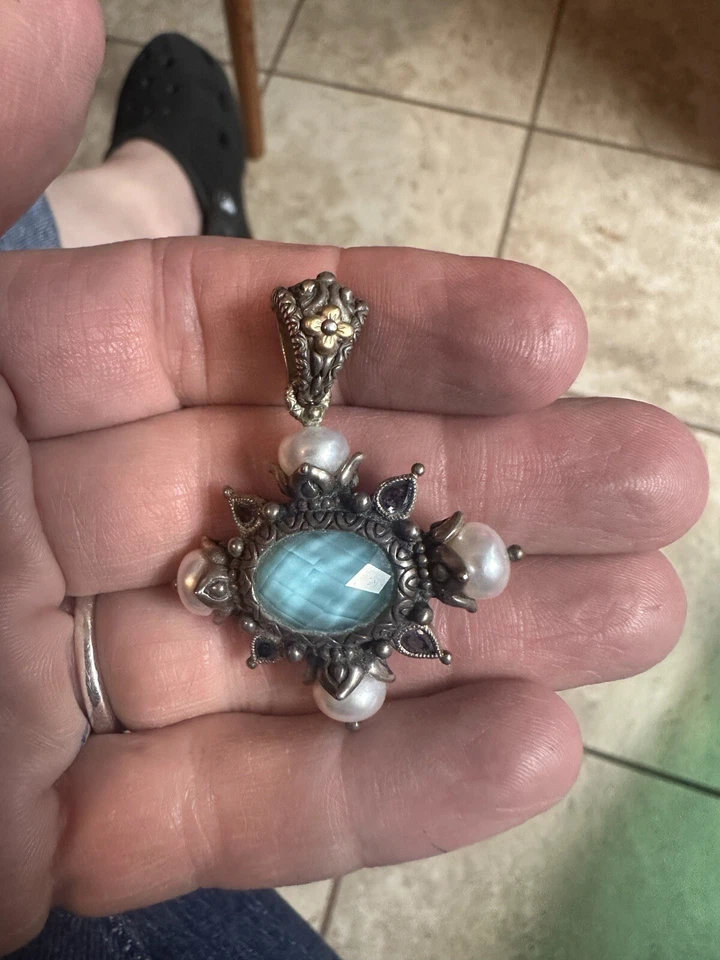 COLGANTE POTENCIADOR BARBARA BIXBY TURQUESA DOBLE PERLA PIEDRAS PRECIOSAS CRUZ IOLITA Foto 2 de 4