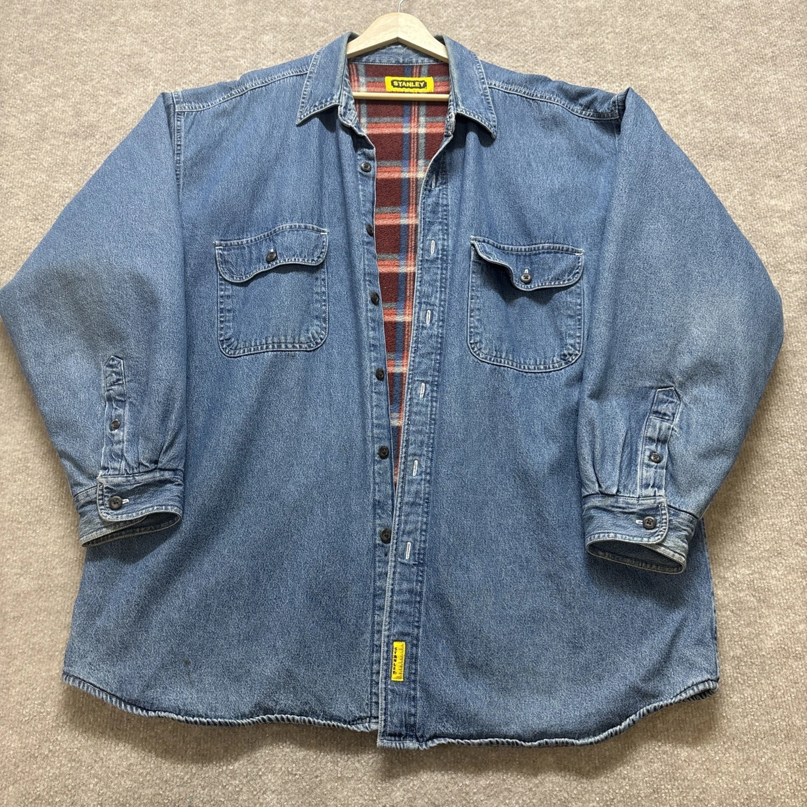 Vintage Stanley Denim Shirt Jacket Men's XL Plaid Fleece Lined Work Shacket