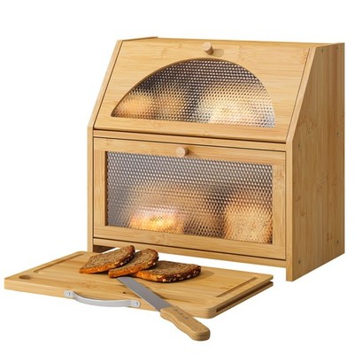 Bamboo Bread Box with Cutting Board, Double Layer Extra Large Bread Storage B...