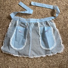 Vintage Ladies Half Apron Blue Sheer With Lace Trim, Has Pockets