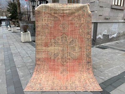 Vintage Oushak Rug 5.5x9 ft Turkish Peach Beige Distressed Area Rug Wool