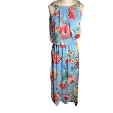 Robbie Bee Women Maxi Dress Floral Chiffon 6 Blue Pink Halter Boho empire waist