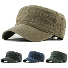 Navy Blue Washed Vintage Flat Top Cap, Cotton Military Cadet Army Caps Unique