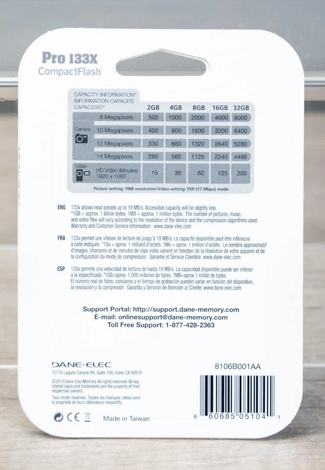 Compact Flash Memory Card 8GB Dane Elec Pro 133X Speed  Brand NEW! - Image 2 of 2