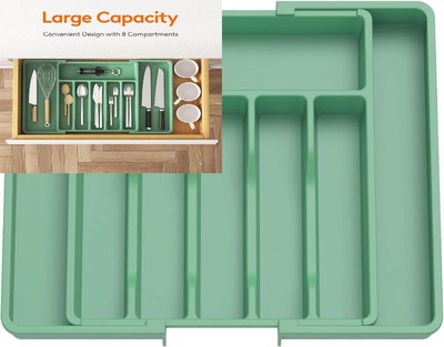Cutlery Drawer Organiser, Expandable Utensil Tray for Kitchen, Green 