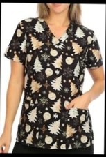 Gold Christmas Trees Performance Scrub Top Sz M eliteMed 3 Hem pockets New