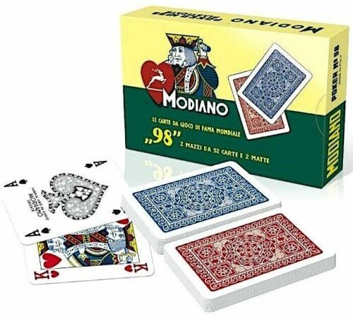 Carte Poker Modiano Cofanetto 2 Mazzi 98 Carte Plastificate Dorsi Blu e Rosso