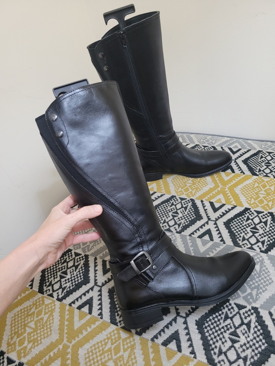 EUC Womens Black Pavers Stretch Panel Mid Calf Leather Boots size EU 38
