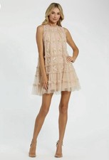 Mac Duggal 8172 Sz 10 Beige Floral Embroidered Beaded Ruffle Mini Dress $458