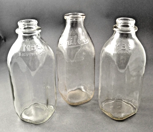 Set of 3 Vintage United Duraglas & MBS Indianapolis Glass Quart Milk Bottles