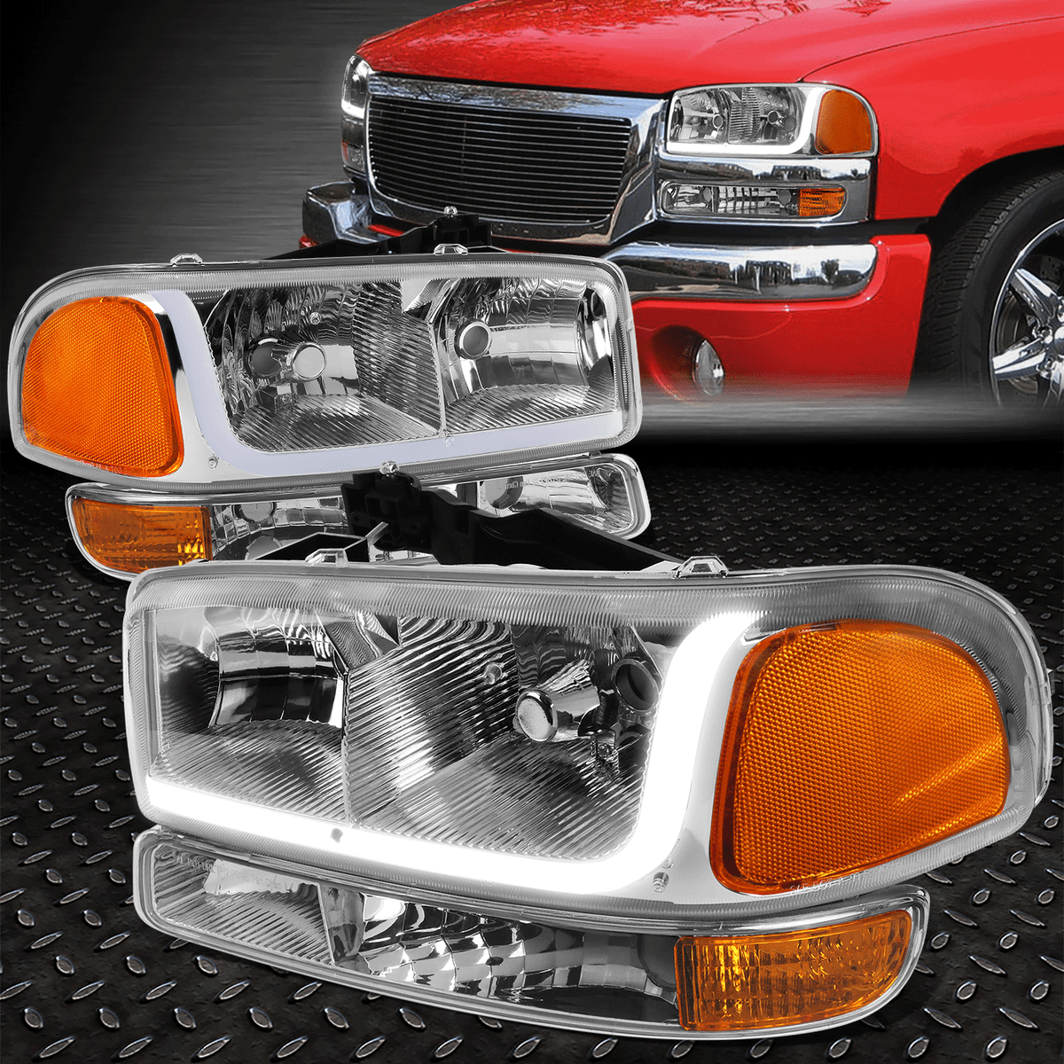 FOR 99-07 GMC SIERRA/YUKON LED DRL CHROME AMBER HEADLIGHTS W