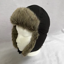 Eddie Bauer Faux Fur Trapper Hat Sz S/M Unisex Down Filled Ear Flaps Black