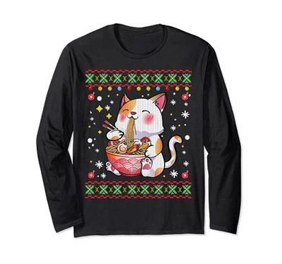 Ramen Cat Anime Japanese Ugly Christmas Sweater Gift Long Sleeve T-Shirt from JP