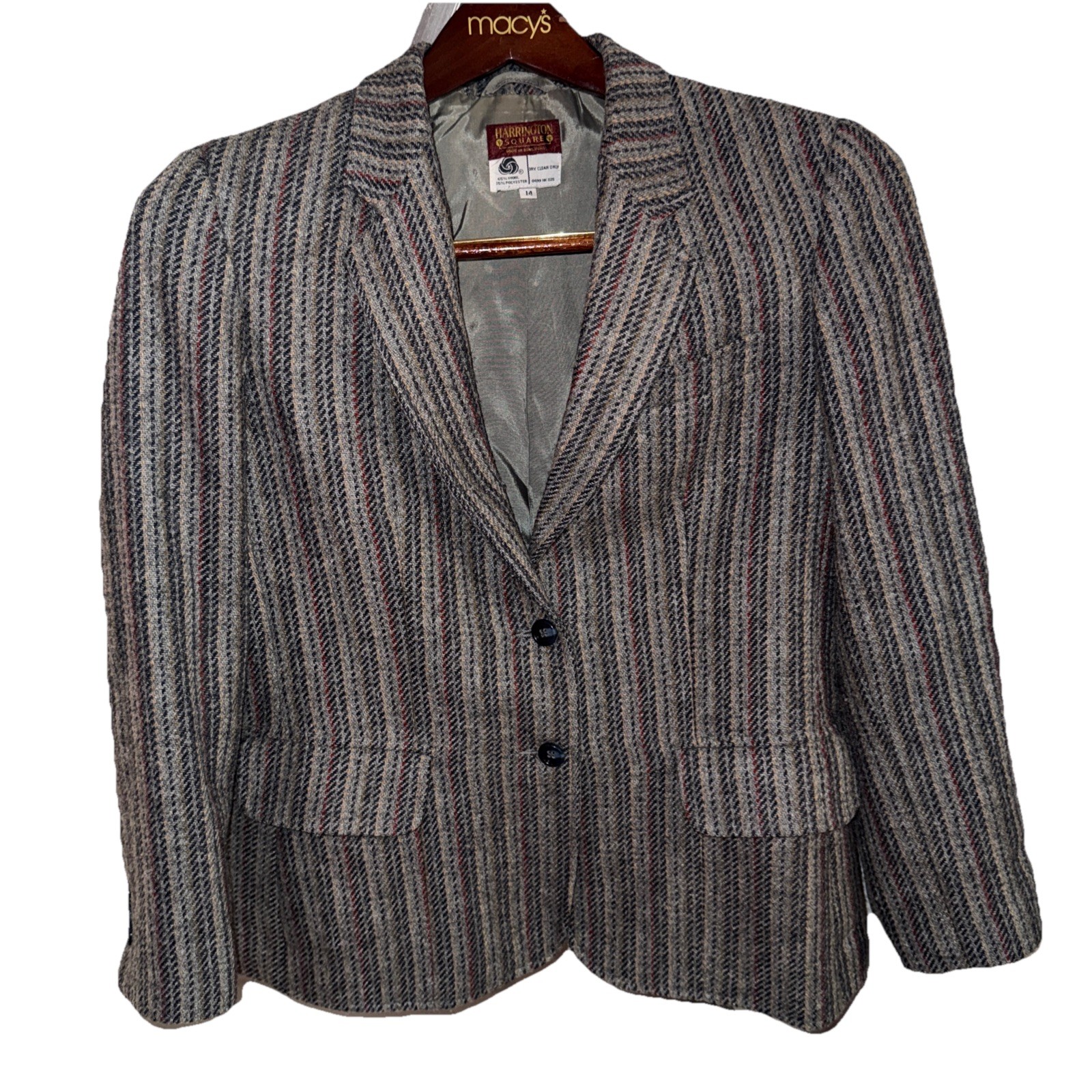 Vintage Womens 14 Harrington Square Wool Blend  Blazer Schoolboy Career Grey Mix