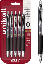 Uniball 207 Black Gel Pens 0.38Mm Ultra Micro Point 5 Count Refillable Pens