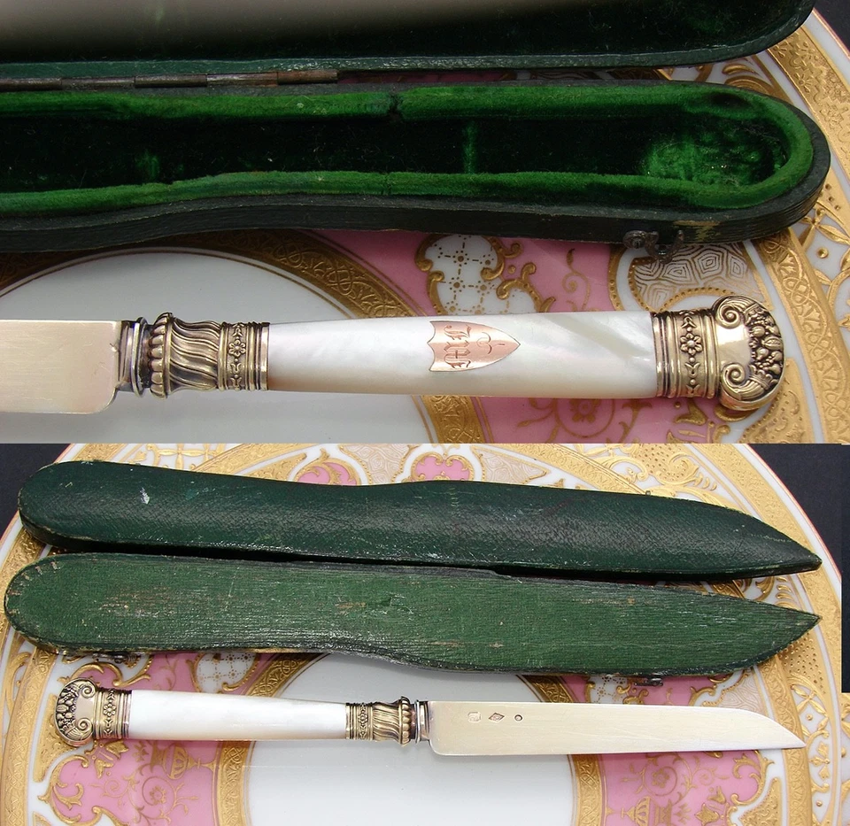 Antiguo cuchillo francés de plata de ley vermeil y madreperla, caja o estuche original Foto 3 de 4