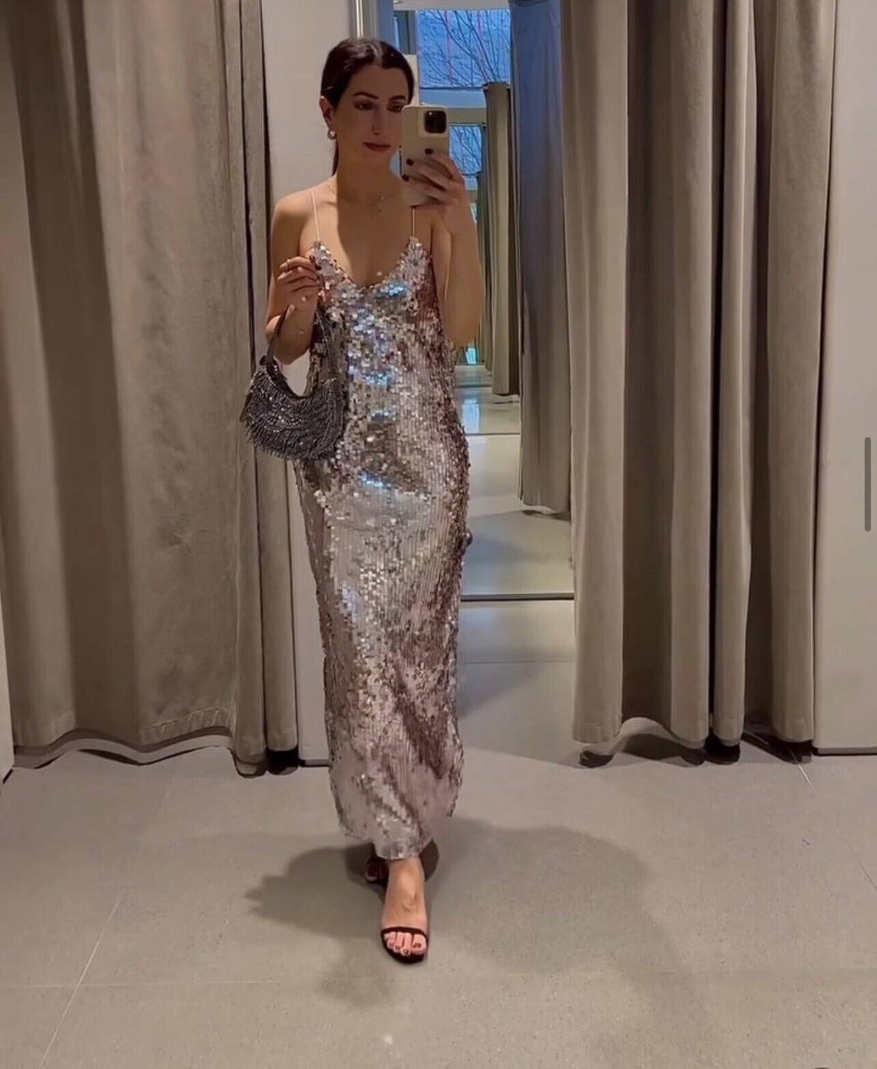 NEW ZARA WOMAN PINK SILVER STRAPPY LONG SEQUIN DRESS ALL NEW ZARA WOMAN PINK SILVER STRAPPY LONG SEQUIN DRESS ALL