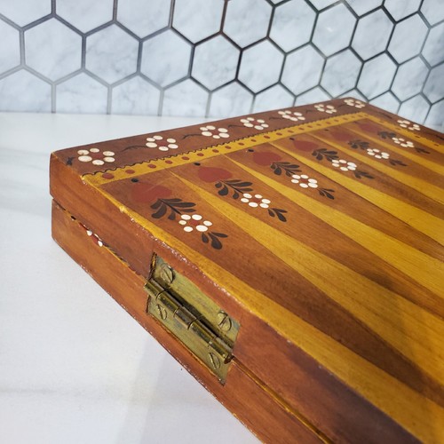 Backgammon Chess / Checkers Reversible Folding Board Hand Painted Wood Folk Art - Picture 10 of 16
