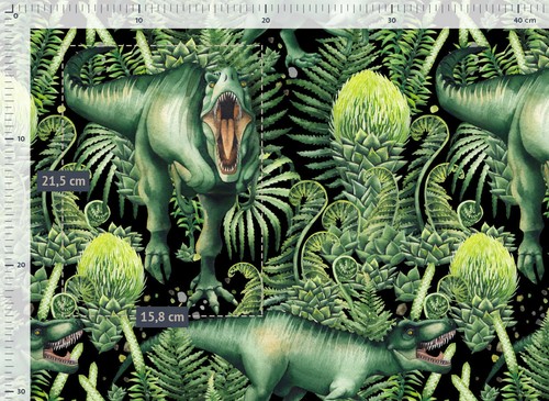 DIGITAL PRINT T-REX DINOSAURS GREEN BLACK 100% COTTON FABRIC per half metre - Picture 2 of 2