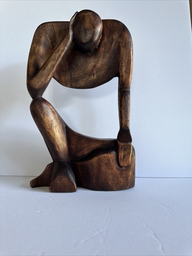 Statue -Art Hand Carved Wood Thinking Man MCM African Tribal/Abstract Art,12”H - Picture 2 of 8
