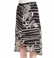 $275 NWT HALSTON HERITAGE Sz8 FLORAL-PRINT WRAP SILK SKIRT IN BLACK/ORCHARD 
