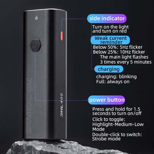 ROCKBROS Bike Headlight 400LM Rainproof  USB Rechargeable Cycling Front Light - Afbeelding 3 van 11