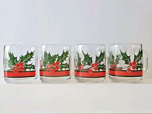 Vintage Libbey Christmas Holly and Berries Handled Tea Coffee Gift Mugs Set of 4