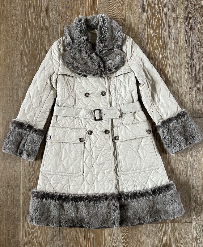Burberry Girls Baige Quilted Coat With Faux Fur Trim Size 12 EUC Made In Italy!