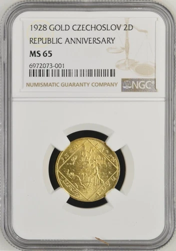 CZECHOSLOVAKIA - CZECH REP , GOLD 2 DUCATS 1928 KREMNICA MINT  NGC MS 65 , RARE1