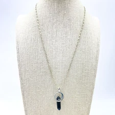 Silver Tone Pendant Necklace Crescent Moon and Star with Black Bead Celestial