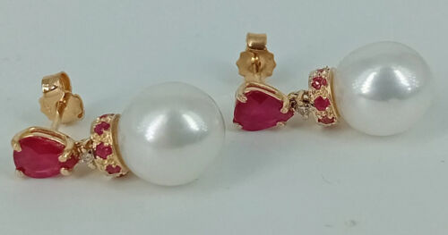Pendientes De Rubíes, Diamantes Y Perlas En Oro Amarillo - Imagen 4 de 5