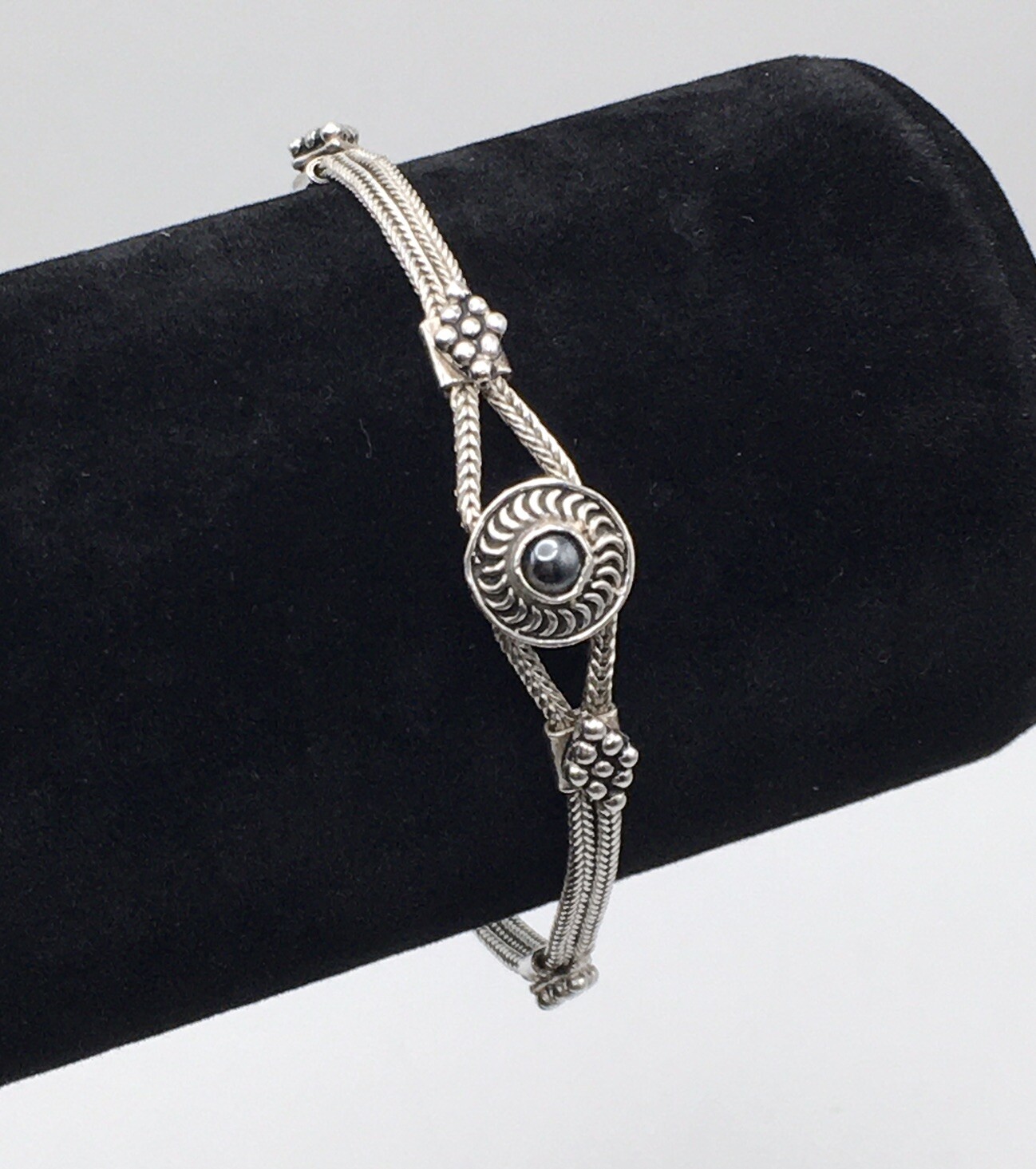 Vintage 925 Sterling Silver Hematite Double Foxtail Chain Bracelet 7.3 Inches #31