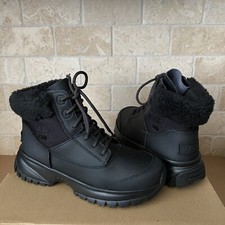 UGG YOSE FLUFF V2 WATERPROOF BLACK LEATHER SNOW SHORT BOOTS SIZE US 6.5 WOMEN