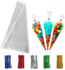 Clear Cone Treat Bags - 200 PCS Cellophane Triangle Bags with Twist Ties
