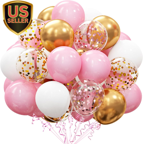 62Pcs Pink Gold Confetti Latex Balloons Kit, 12 Inch Pink White Gold Helium B...
