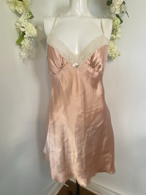 Linea Donatella Vintage Rose Pink Night Gown Chemise Off White Lace Size Medium