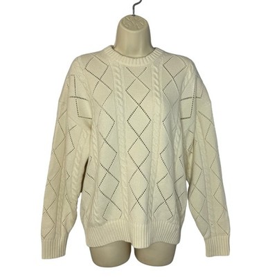Sunday Best Peggy Merino Wool Crewneck Cable-knit Sweater Relaxed Fit Cream XS