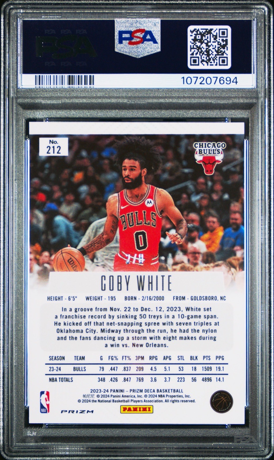 2023-24 Panini Prizm Deca - Coby White #212 Black Gold Shimmer Prizm /8 psa 9 view 2