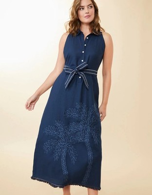Spartina 449 Emeline Palm Tree Print Maxi Dress Extra Large Embroidered Pockets