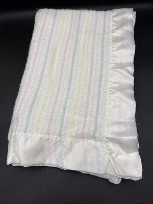 Vintage Chatham Baby Blanket Pastel Stripe Satin Trim 34  X 46  Blue Pink Yellow