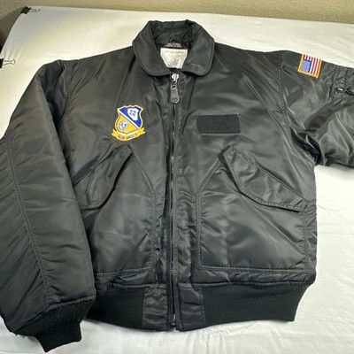 Avirex Satin Bomber Flight Jacket Blue Angels CWU-55P Black Large