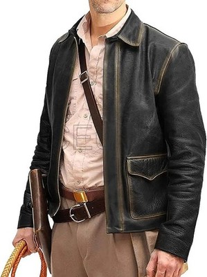 Mens Indiana Jones Harrison Ford Distressed Black Genuine Cowhide