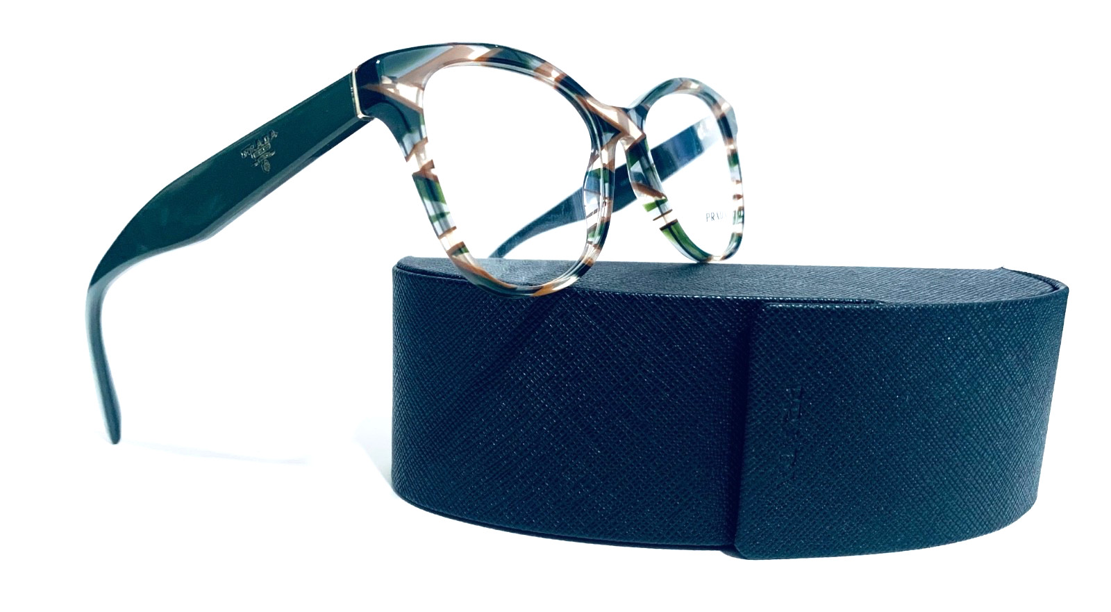 PRADA VPR 12T VAO-1O1 STRIPED GREEN BROWN CAT EYE EYEGLASSES 51-17-140 MM ITALY