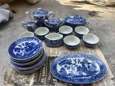 Occupied Japan Blue White Scenic Ceramic Miniature Tea Set Teapot Cups
